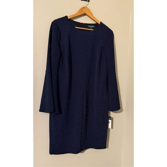 Ralph Lauren Women's Size 14 Bell Sleeve Knee Length Dress Navy Blue Sparkle NWT - Picture 5 of 11